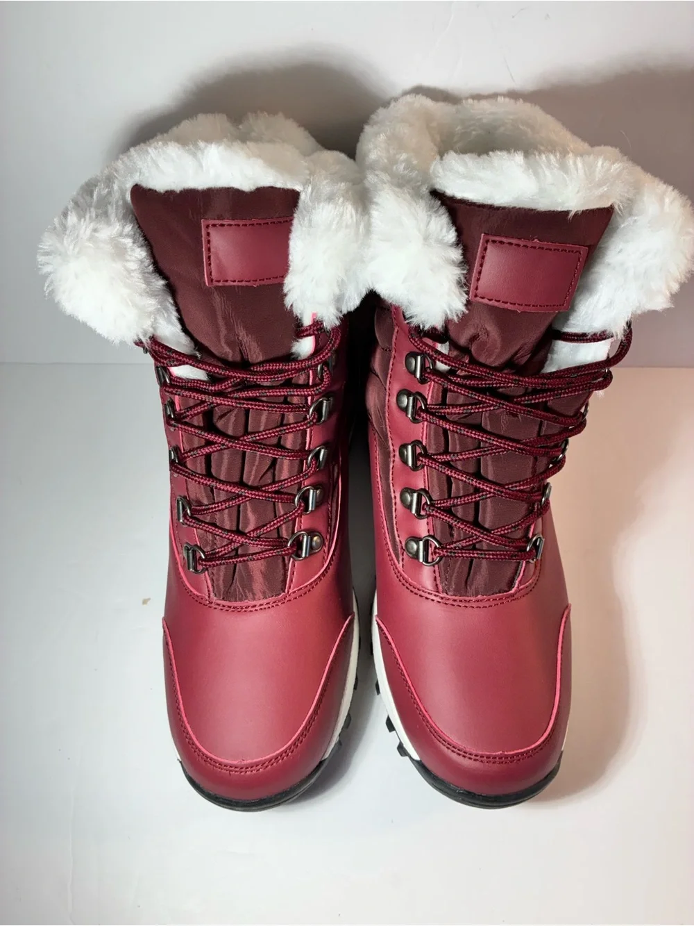 Women's Winter Snow Boots Burgundy Faux Fur Lined Lace Up Hiking Boots Size 9